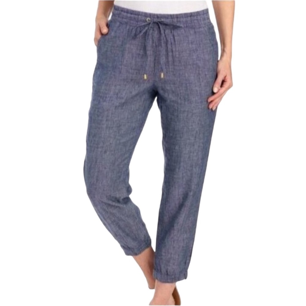 ELLEN TRACY BLUE CHAMBRAY STYLE LINEN BLEND DRAWSTRING WAIST JOGGER PANT